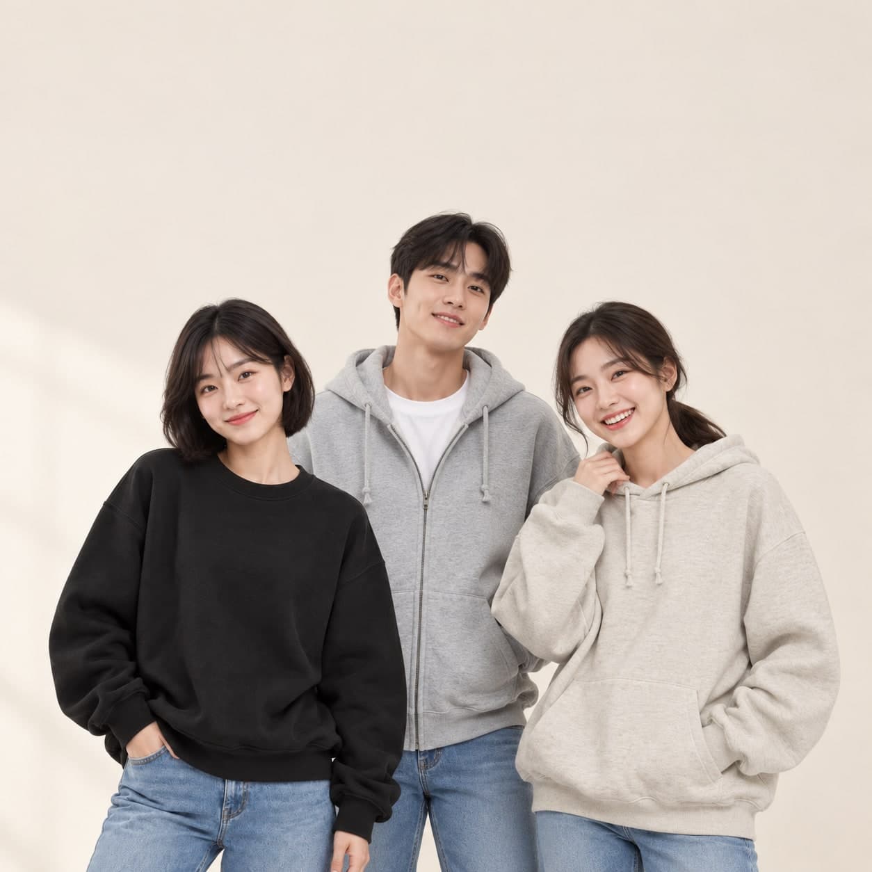 빅오버핏 기모 맨투맨·후드티·후드집업을 입은 모델 3명